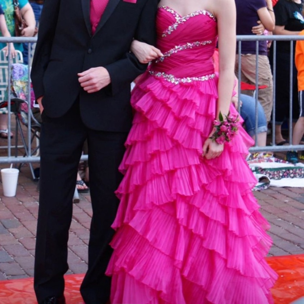 Hot pink prom dress with adjustable corset back